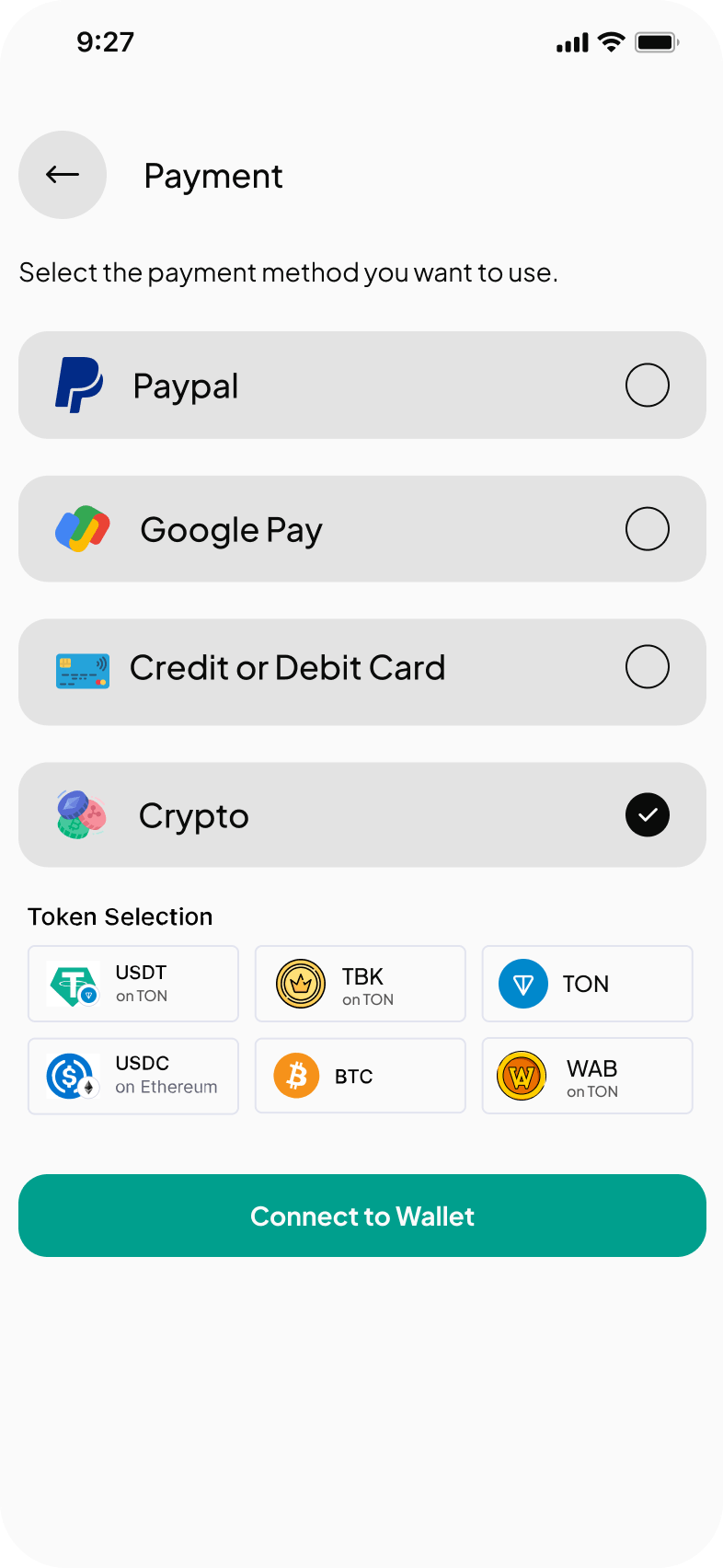 Settings pay crypto